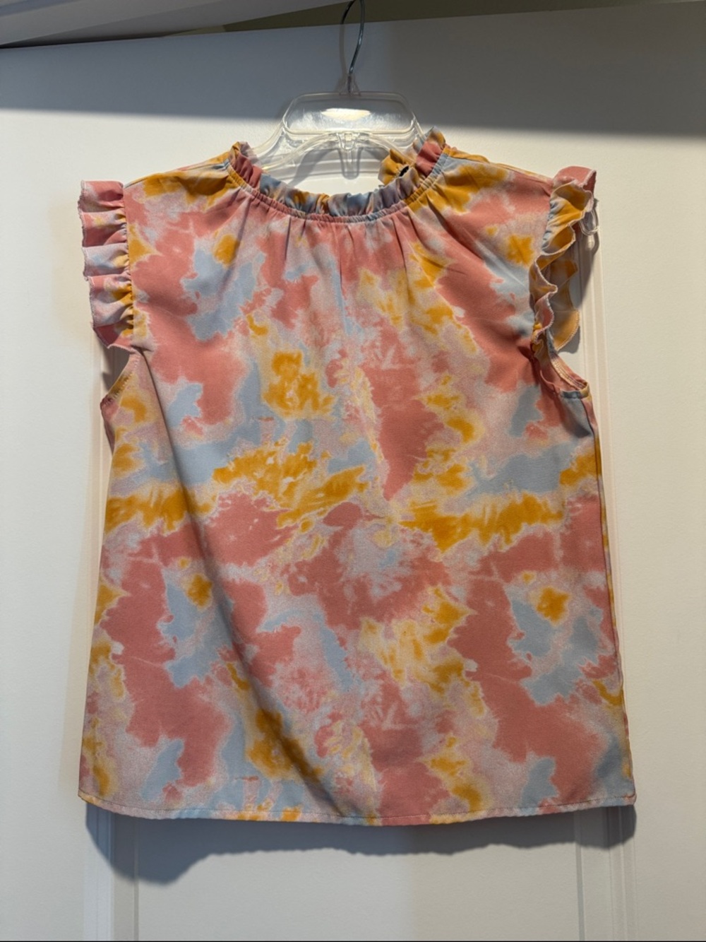 Woman’s Pink Orange Blue Spring Tie-Dye Ruffle Short Sleeve Top - Picture 3 of 9
